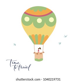 Vector illustration of hot air balloon with passenger in the sky. Isolated flat cartoon air balloon with girl, birds. Hand drawn. Drawing for print, card, flyer, fabric, textile, poster. 