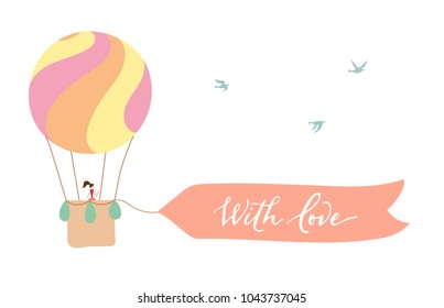 Vector illustration of hot air balloon with banner for lettering on blue sky with birds. Isolated flat cartoon air balloon. Hand drawn for print, card, flyer, fabric, textile, poster. 