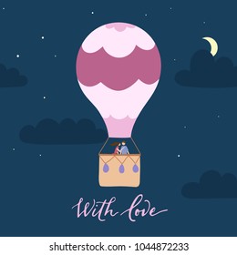 Vector illustration of hot air balloon with couple in love in night sky with clouds, stars, moon. Isolated flat cartoon air balloon with people. Hand drawn for print, card, flyer, fabric, poster. 