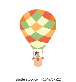 Vector illustration of hot air balloon with passenger in the sky. Isolated flat cartoon air balloon with girl. Hand drawn. Drawing for print, card, flyer, fabric, textile, poster. 