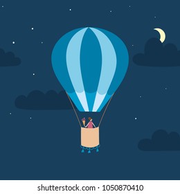 Vector illustration of hot air balloon with passenger in night sky with clouds, stars, moon. Isolated flat cartoon air balloon. Hand drawn for print, card, flyer, fabric, textile, poster.