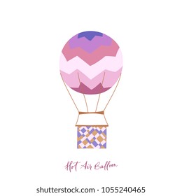 Vector illustration of hot air balloon with lettering. Isolated flat cartoon air balloon. Hand drawn. Drawing for print, card, flyer, fabric, textile, poster. 