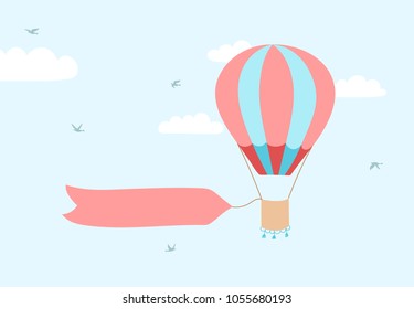 Vector illustration of hot air balloon with banner for lettering on blue sky with clouds and birds. Isolated flat cartoon air balloon. Hand drawn for print, card, flyer, fabric, textile, poster. 