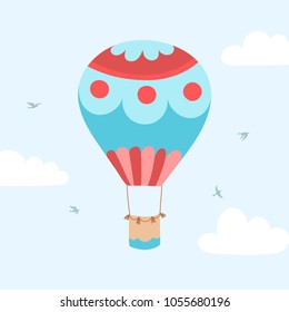 Vector illustration of hot air balloon on blue sky with clouds and birds. Isolated flat cartoon air balloon. Hand drawn. Drawing for print, card, flyer, fabric, textile, poster. 