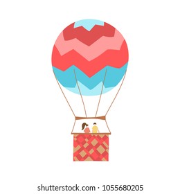 Vector illustration of hot air balloon with passengers. Isolated flat cartoon air balloon with couple in love. Hand drawn. Drawing for print, card, flyer, fabric, textile, poster. 
