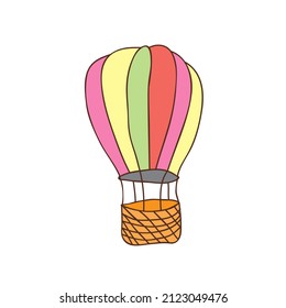 Vector illustration of hot air balloon. Isolated icon of cartoon air balloon. Simple hand drawn for print, card, flyer, fabric, textile, poster.