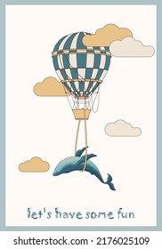 Vector illustration of a hot air balloon with whale and clouds in cartoon style. Hand-drawn illustration for kids rooms design, postcard decoration, cover, book, poster design.