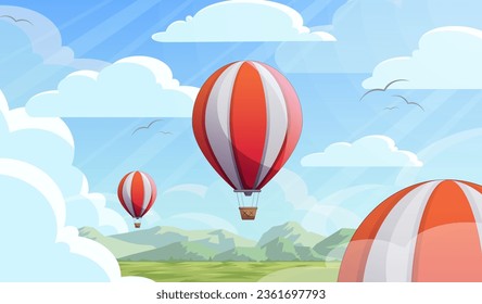 Ilustración vectorial de un globo aerostático que vuela sobre una colina con un cielo despejado