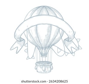 Ilustração vetorial de balão de ar quente com faixa de fita e bunting festivo para convites de chá de bebê ou cartões de felicitações de recém-nascidos. Desenho linear de aeronaves para desenho infantil em berçário.