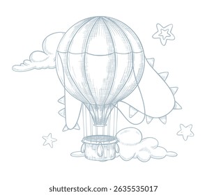 Vector illustration of a hot air Balloon flying among clouds and stars in engraving style. Linear drawing for Baby shower invitations or childish greeting cards. Outline sketch of aircraft for nursery