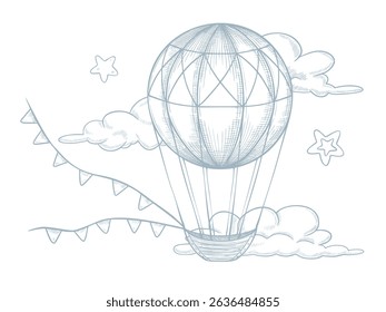 Vector illustration of hot air Balloon with festive bunting, clouds, and stars in engraving style. Linear drawing for Baby shower invitations or childish greeting cards. Outline sketch of aerostat.