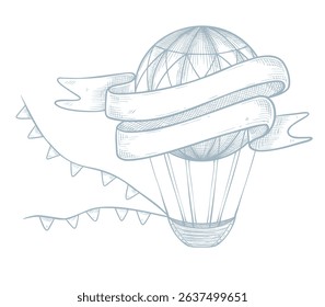 Vector illustration of hot air Balloon with ribbon for text. Linear drawing of aircraft for baby shower invitations or newborn greeting cards. Etching of aerostat for childish nursery design.