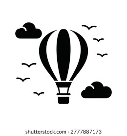 Vector illustration of a hot air balloon and birds against a sky with clouds. Evokes feelings of freedom and exploration. Ideal for travel, lifestyle, or aspirational marketing campaigns.