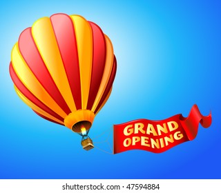 vector illustration of hot air balloon with red sign "grand opening"