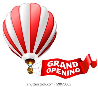 vector illustration of hot air balloon with red sign "grand opening"