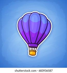 Vector illustration. Hot air balloon on sky background. Summer journey by air transport. Sticker in cartoon style with contour. Isolated on blue background