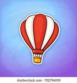 Vector illustration. Hot air balloon in red and white stripes on sky background. Summer journey by air transport. Sticker in cartoon style with contour. Isolated on blue background