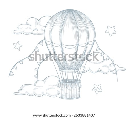 Vector illustration of hot air balloon with clouds and stars, decorated with bunting for baby shower invitations or childish greeting cards. Liner art of vintage aerostat for nursery. Outline drawing.