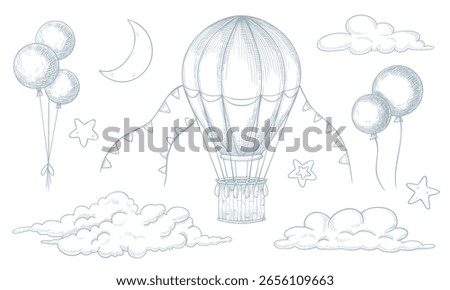 Vector illustration of hot air Balloon, clouds, crescent moon and stars in pastel blue colors. Linear drawing of vintage aircraft for Baby shower greeting cards or childish party invitations.