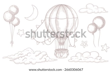 Vector illustration of hot air Balloon, clouds, crescent moon and stars in pastel pink colors. Linear drawing of vintage aircraft for Baby shower greeting cards or newborn party invitations.