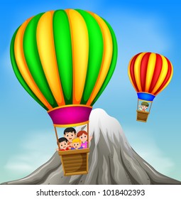 vector illustration of hot air balloons flying with happy kids and mountain scene