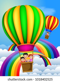 ilustración vectorial de globos de aire caliente que vuelan con niños felices y escena arco iris