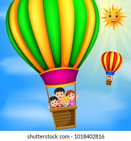 vector illustration of hot air balloons flying with happy kids at daytime