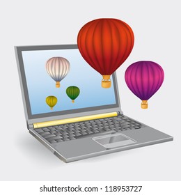  Ilustración vectorial Globos de aire caliente despegados de la pantalla de la laptop.