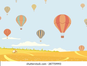 Vector illustration of hot air balloons over fields
