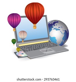 Vector Illustration Hot air balloons take off from the screen of laptop.