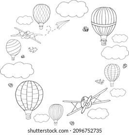 Vector illustration with hot air baloons flying in the sky with place for your text, vector frame. Black outline upon white backgroung. Vector template for cards, ads, invitations and other designs