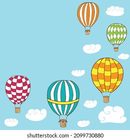 Vector illustration with hot air baloons flying in the sky with place for your text, vector frame. Vector template for cards, ads, invitations and other designs
