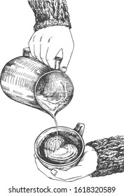 Vector illustration of hot aroma drink preparation process and servicing. Barista pouring milk foam into coffee cappuccino cup drawing heart. Vintage hand drawn style.