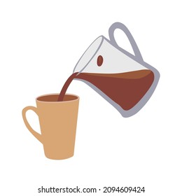 Vector illustration of hot and aromatic morning coffee. Pour from the teapot into a cup. For restaurant and cafe menu, cafe design template, poster, banner, website design.