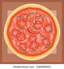 Vector illustration of hot barbeque pizza with onion, pepper and meatballs for restaurant menues, decoration, websites etc.