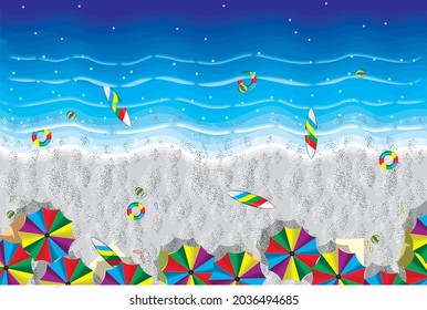 Vector illustration of a hot beach with umbrellas lined up. There is also a sky board lying on the beach, there are balls and colorful buoys. Hot beach template or background vector