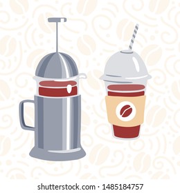 Vector illustration of a hot beverage maker French press and a take away glass of fresh coffee. Modern flat objects on seamless pattern background with coffee beans and decorative swirls and dots.