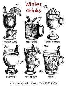 Vector illustration Hot beverages. Hot cider, punch, mulled wine, eggnog, Irish coffee, grog. Set of hand drawn glasses with warm drinks isolated on white background for card, flyer or menu design 