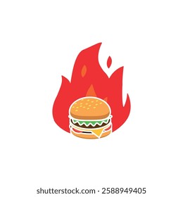 vector illustration of hot burger design, spicy taste fire symbol.