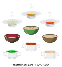 Vector illustration for hot ceramic bowl, wide plate is filled with various homemade soups with broth and vegetables. Soup set consisting of bowls with ingredients seasoning. Eat chicken soup in Bowl.