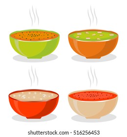 Vector illustration for hot ceramic bowl, wide plate is filled with various homemade soups with broth and vegetables. Soup set consisting of bowls with ingredients seasoning. Eat chicken soup in Bowl.