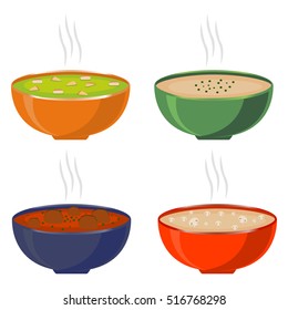 Vector illustration for hot ceramic bowl, wide plate is filled with various homemade soups with broth and vegetables. Soup set consisting of bowls with ingredients seasoning. Eat chicken soup in Bowl.