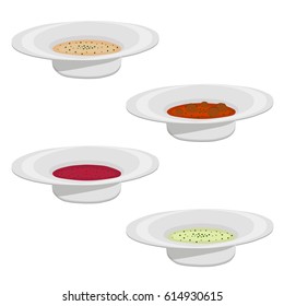 Vector illustration for hot ceramic bowl, wide plate is filled with various homemade soups with broth and vegetables. Soup set consisting of bowls with ingredients seasoning. Eat chicken soup in Bowl.