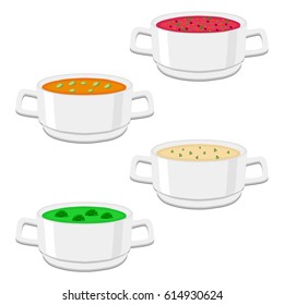 Vector illustration for hot ceramic bowl, wide plate is filled with various homemade soups with broth and vegetables. Soup set consisting of bowls with ingredients seasoning. Eat chicken soup in Bowl.