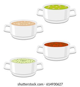 Vector illustration for hot ceramic bowl, wide plate is filled with various homemade soups with broth and vegetables. Soup set consisting of bowls with ingredients seasoning. Eat chicken soup in Bowl.