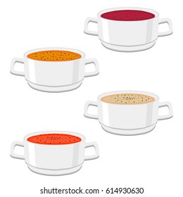 Vector illustration for hot ceramic bowl, wide plate is filled with various homemade soups with broth and vegetables. Soup set consisting of bowls with ingredients seasoning. Eat chicken soup in Bowl.