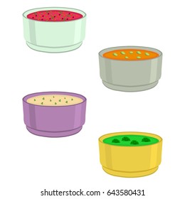 Vector illustration for hot ceramic bowl, wide plate is filled with various homemade soups with broth and vegetables. Soup set consisting of bowls with ingredients seasoning. Eat chicken soup in Bowl.