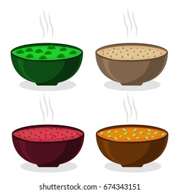 Vector illustration for hot ceramic bowl, wide plate is filled with various homemade soups with broth and vegetables. Soup set consisting of bowls with ingredients seasoning. Eat chicken soup in Bowl.