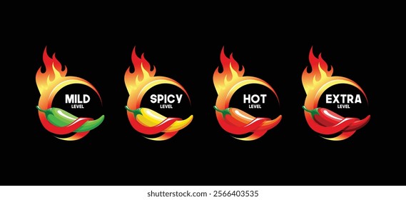 Vector illustration of hot chili label design with mild, spicy, hot and extra levels. Hot chili and fire logo