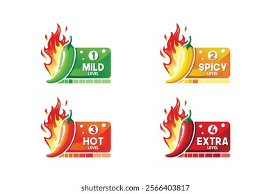 Vector illustration of hot chili label design template with mild, spicy, hot and extra levels. Hot chili and fire logo